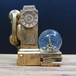 Nostaljik Telefon Işıklı Kar Küresi Antik Altın 15 cm